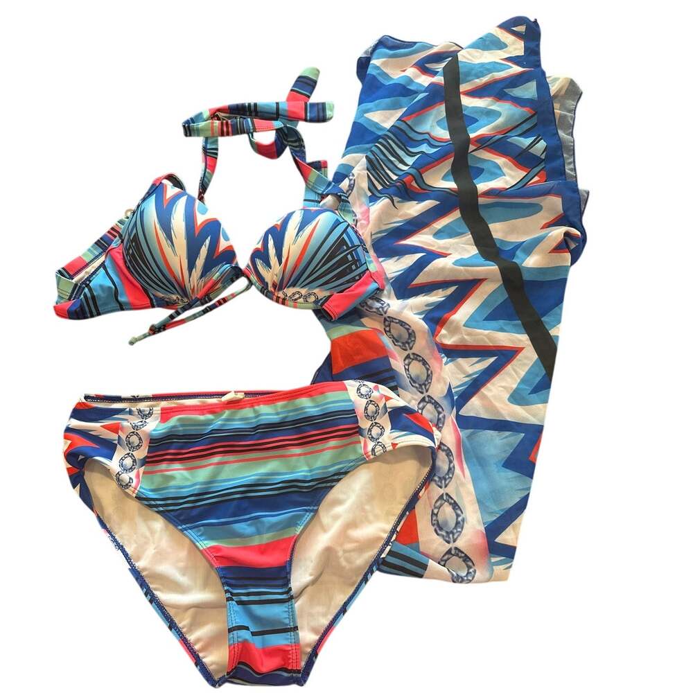 Geometric Print Bikini Set With Cover Skirt Women's Medium 3 Piece Swimsuit